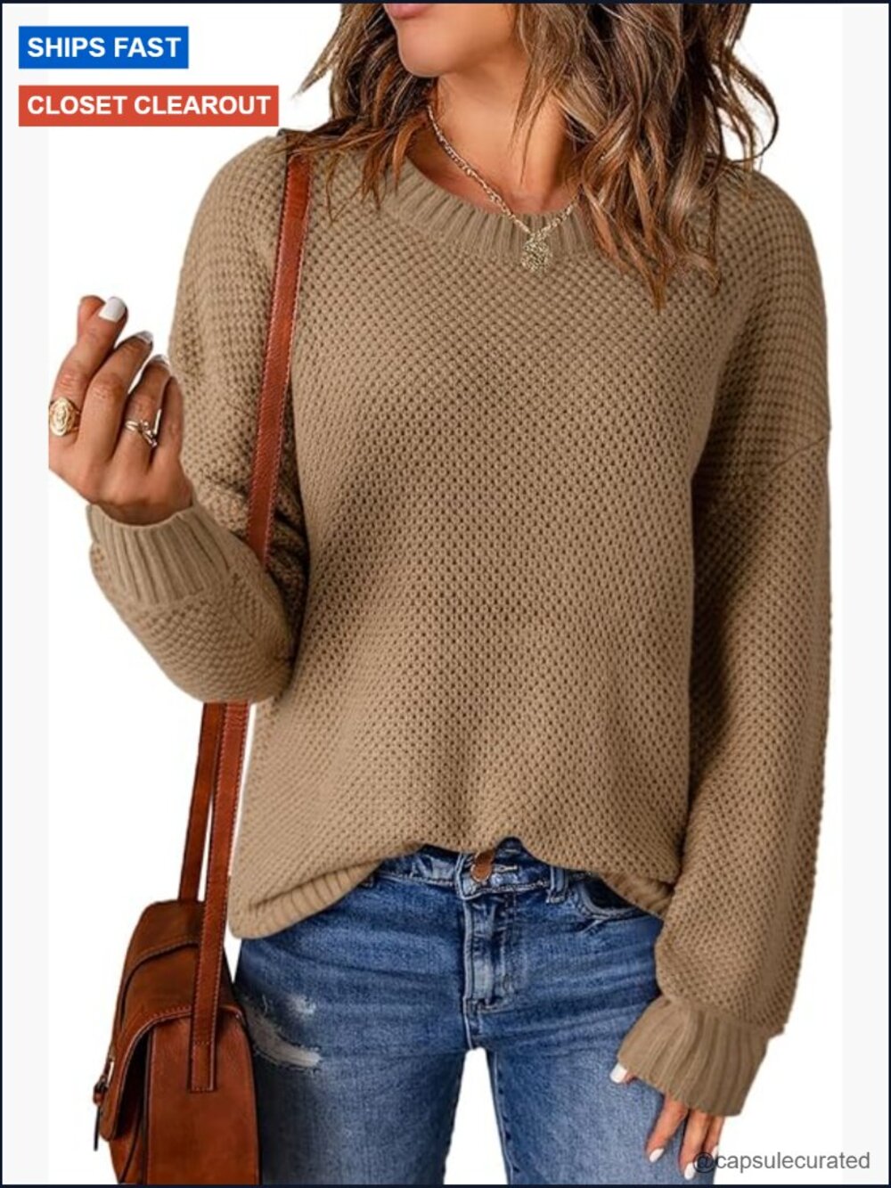 Crewneck Ribbed Knit Waffle Pullover Sweater Fall Winter